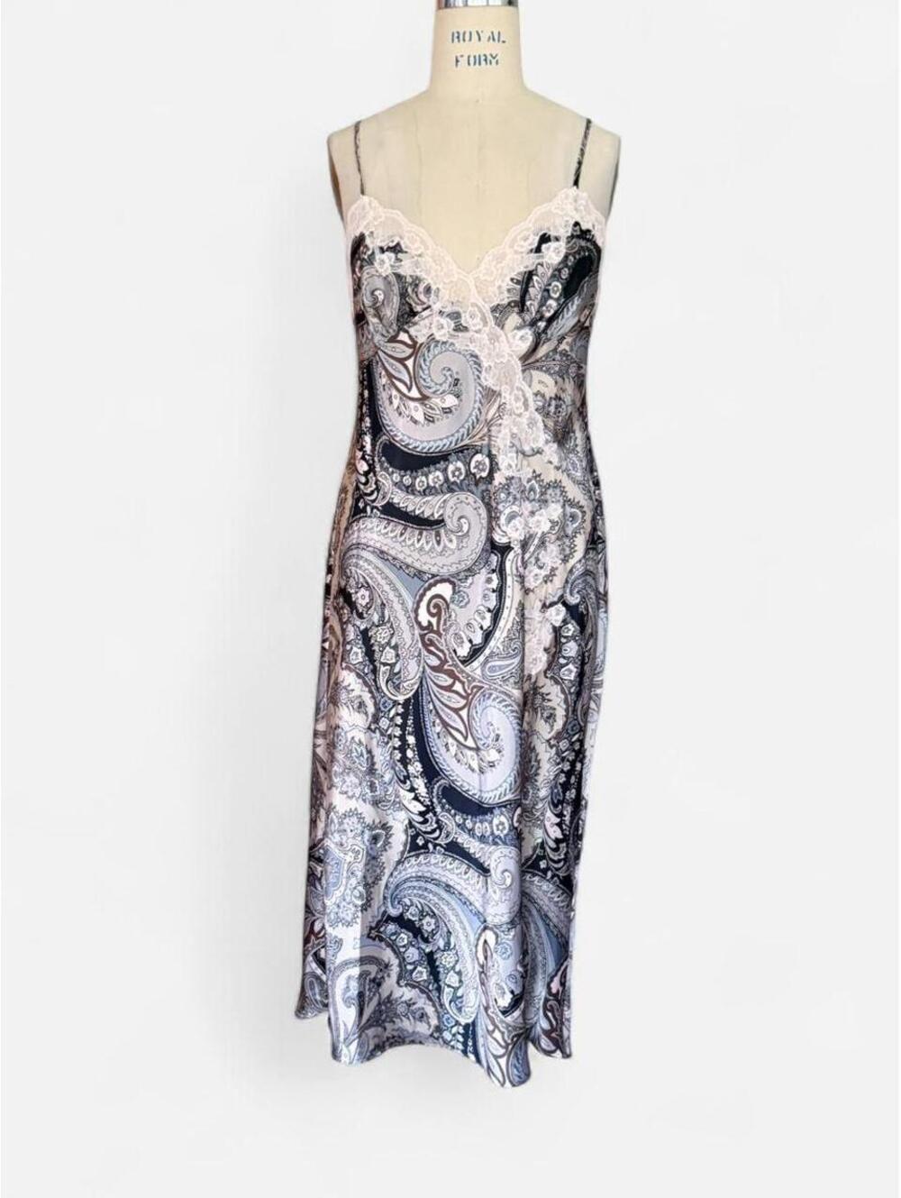 Y2K Paisley Print Lace Trim Bias Cut Midi Slip Dress